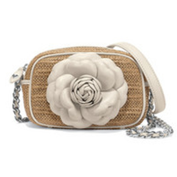 Brighton Handbags - Brighton Rosie Straw Leather Rosette Crossbody Camera Bag Tan White